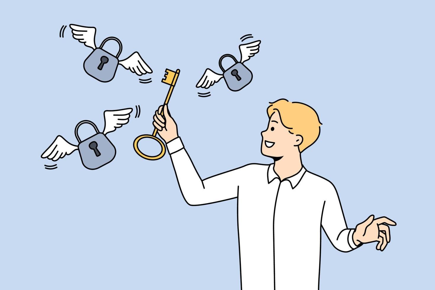 Smiling businessman hold key unlock padlocks solving business problem. Happy male employee find solution to trouble. Achievement and success. Vector illustration.