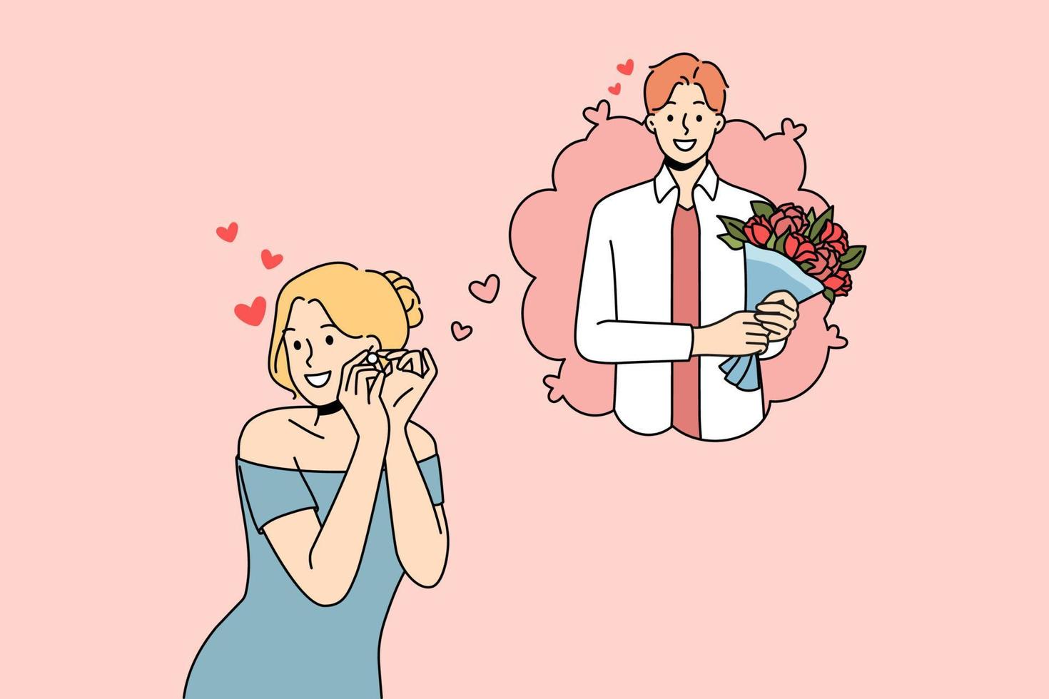 Happy young woman dreaming of beloved man coming on date with flowers. Smiling girl imagine boyfriend with floral bouquet on romantic meeting. Love and relationship. Vector illustration.