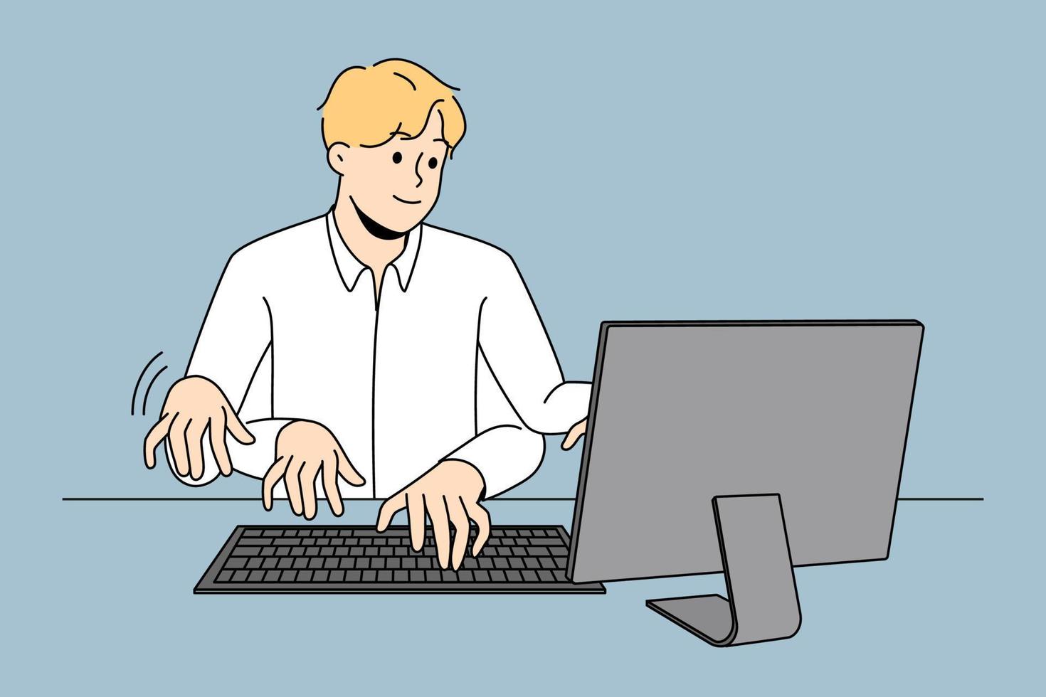 hombre de negocios que trabaja en la computadora con numerosas manos siendo rápido y productivo en el trabajo. empleado masculino escribiendo en la computadora portátil a alta velocidad. productividad y multitarea. ilustración vectorial vector