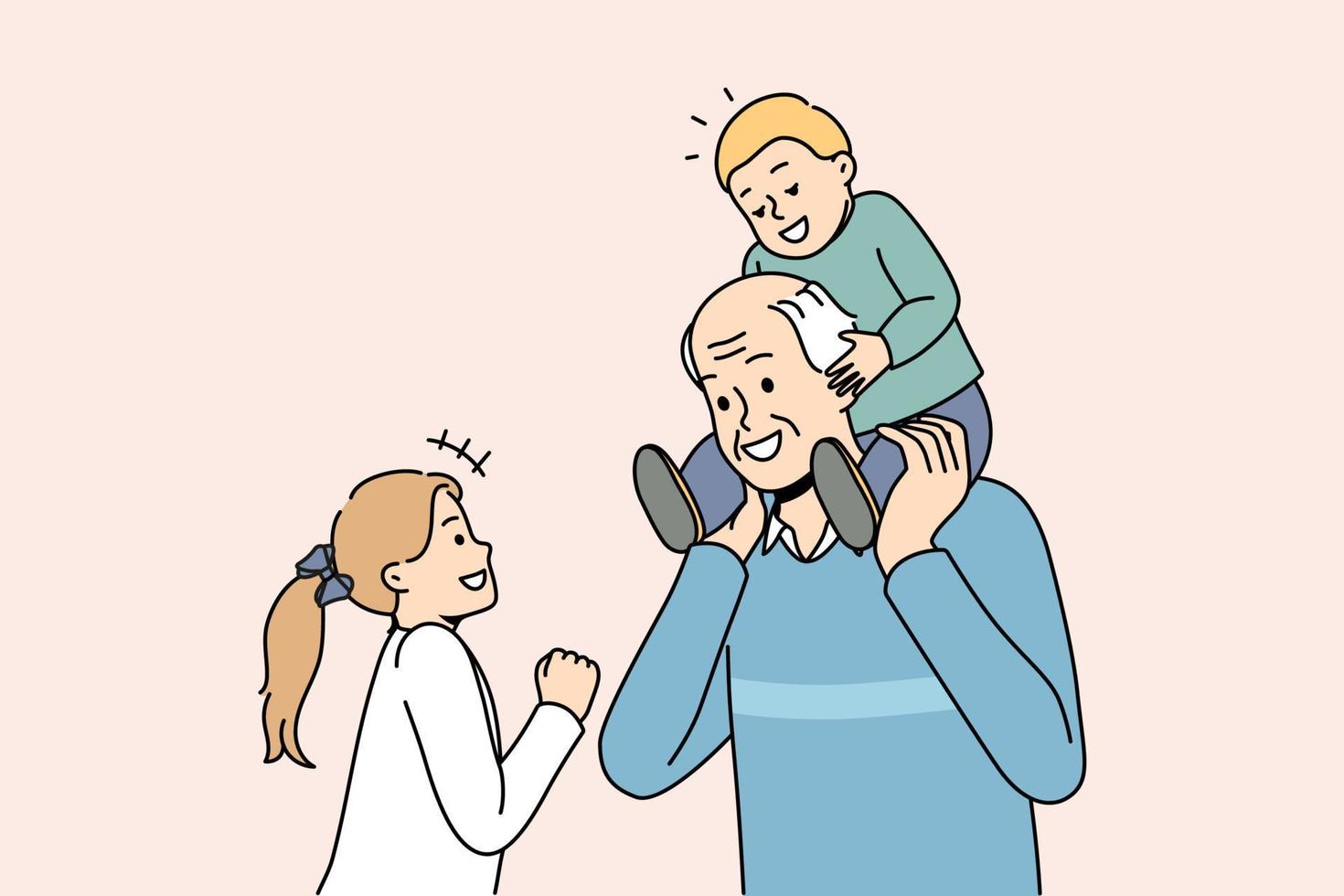 Happy mature grey-haired grandfather playing with small grandchildren. Loving grandpa have fun enjoy playful activity or game with little grandkids. Family bond. Vector illustration.