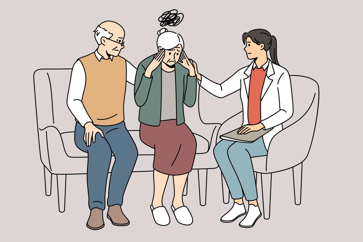 doctora ayudando a una anciana que sufre de pérdida de memoria. el terapeuta habla con una abuela madura que lucha contra la enfermedad de alzheimer o la demencia. ilustración vectorial vector