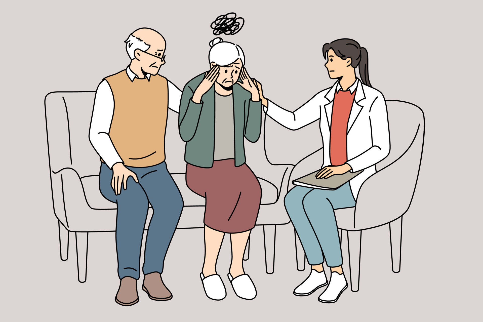 Female doctor helping elderly woman suffering from memory loss