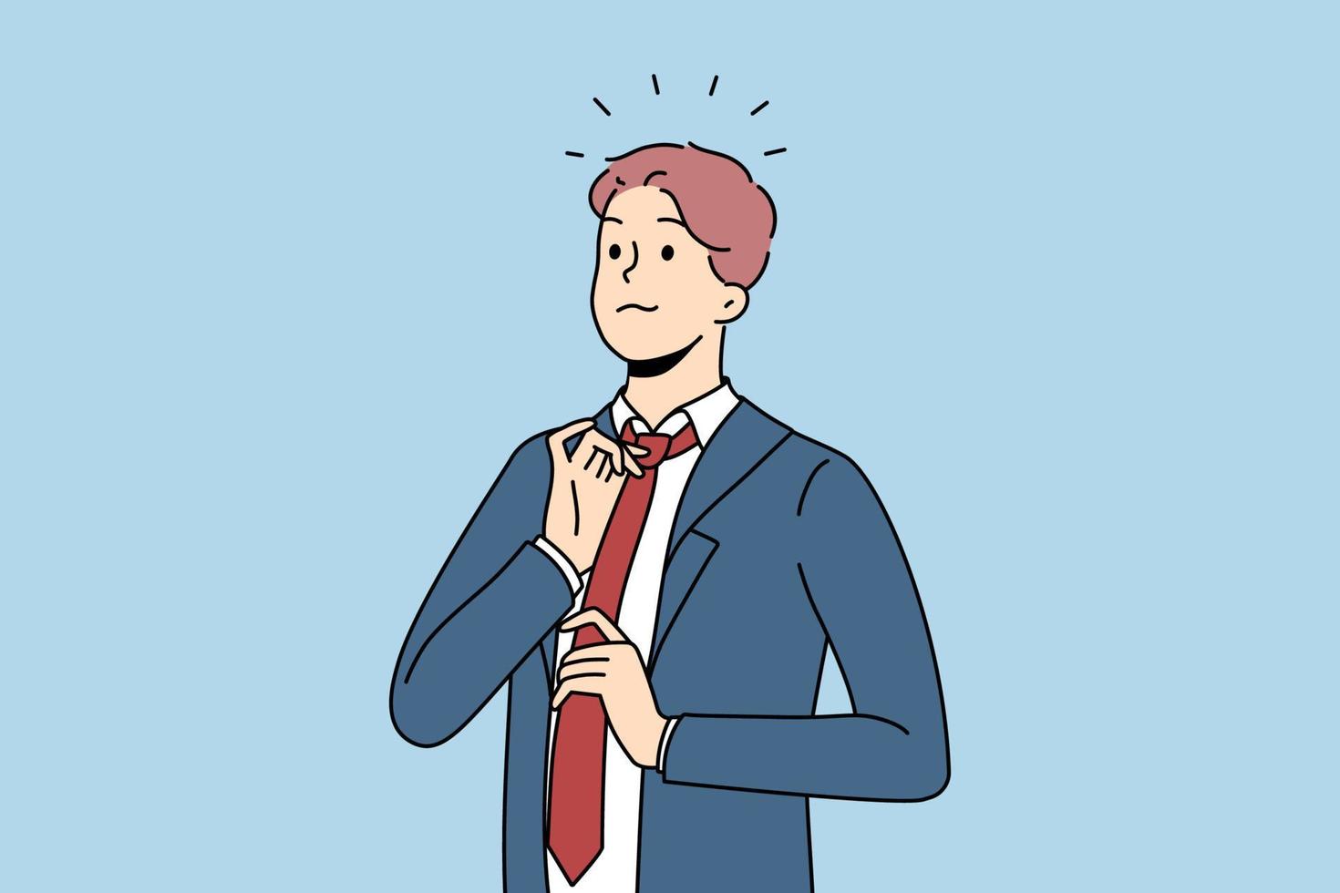 Young confident businessman in suit and tie feel successful and motivated. Self-confident male boss or CEO wearing formalwear show leadership qualities. Flat vector illustration.