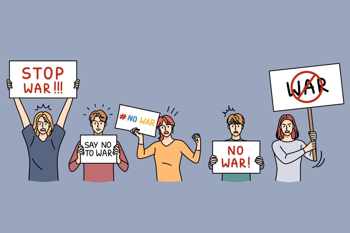 People with No War banners protest on streets against military aggression. Men and women activists with signs saying Stop War walk on demonstration. Ukraine Russian war. Vector illustration.