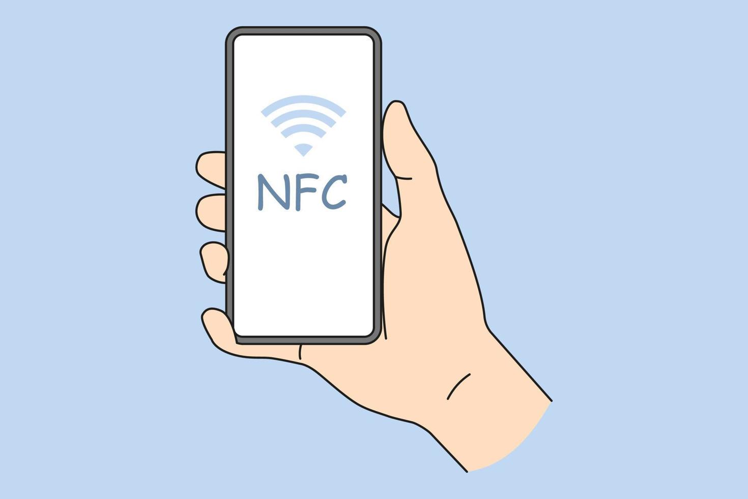 persona con teléfono inteligente con nfc en pantalla. tecnología de comunicación de campo cercano en el teléfono móvil. pago nfc con celular. ilustración vectorial plana. vector