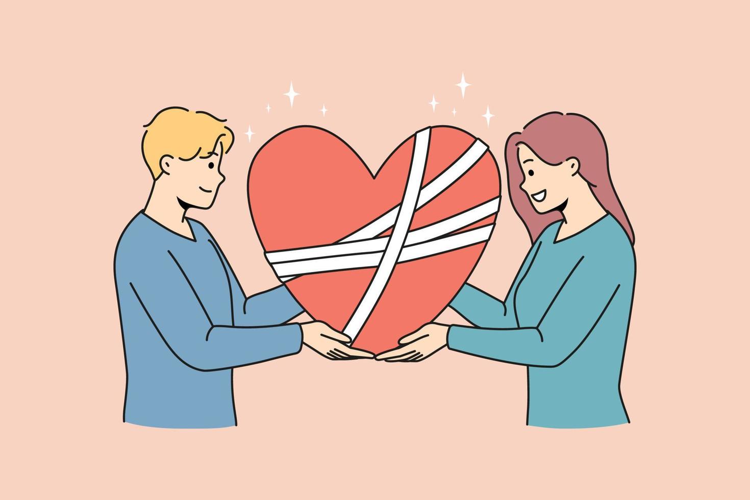 hombre y mujer felices sostienen en las manos el corazón roto fijo con vendajes en la superficie. concepto de asesoramiento de pareja y sesión de ahorro de matrimonio. amor y perdón. ilustración vectorial vector