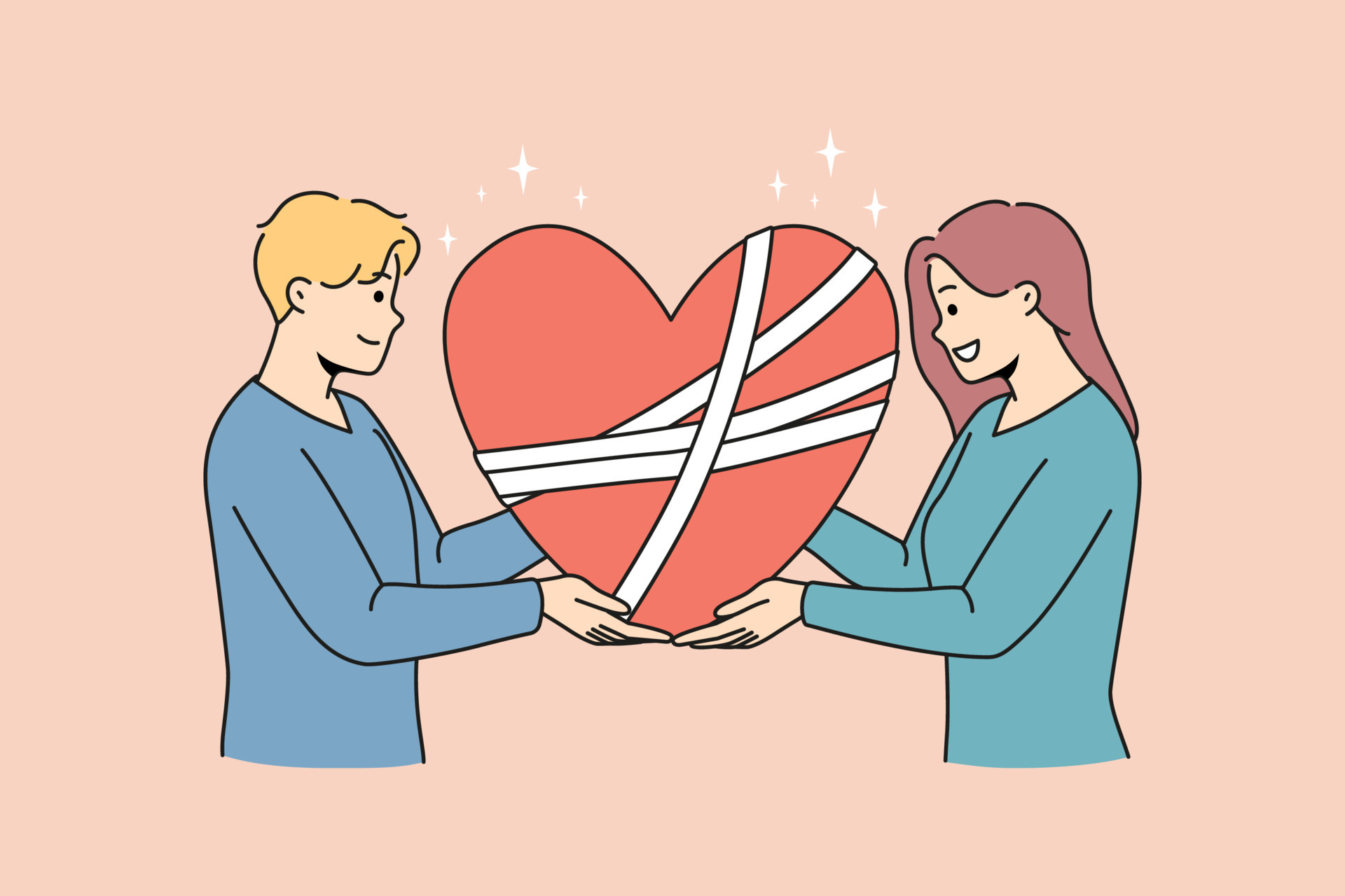 Happy man and woman hold in hands fixed broken heart with bandages on