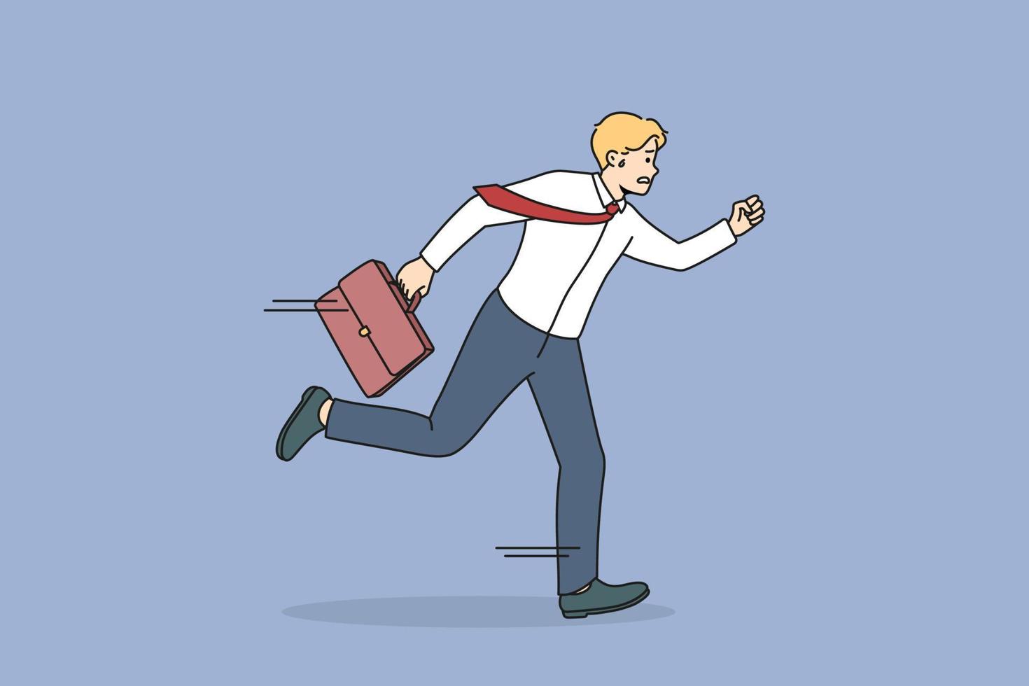 un empleado ansioso corriendo con prisa preocupado por llegar tarde al trabajo. hombre de negocios estresado que se apresura a reunirse o informar. cumplimiento de plazos y gestión del tiempo. ilustración vectorial vector