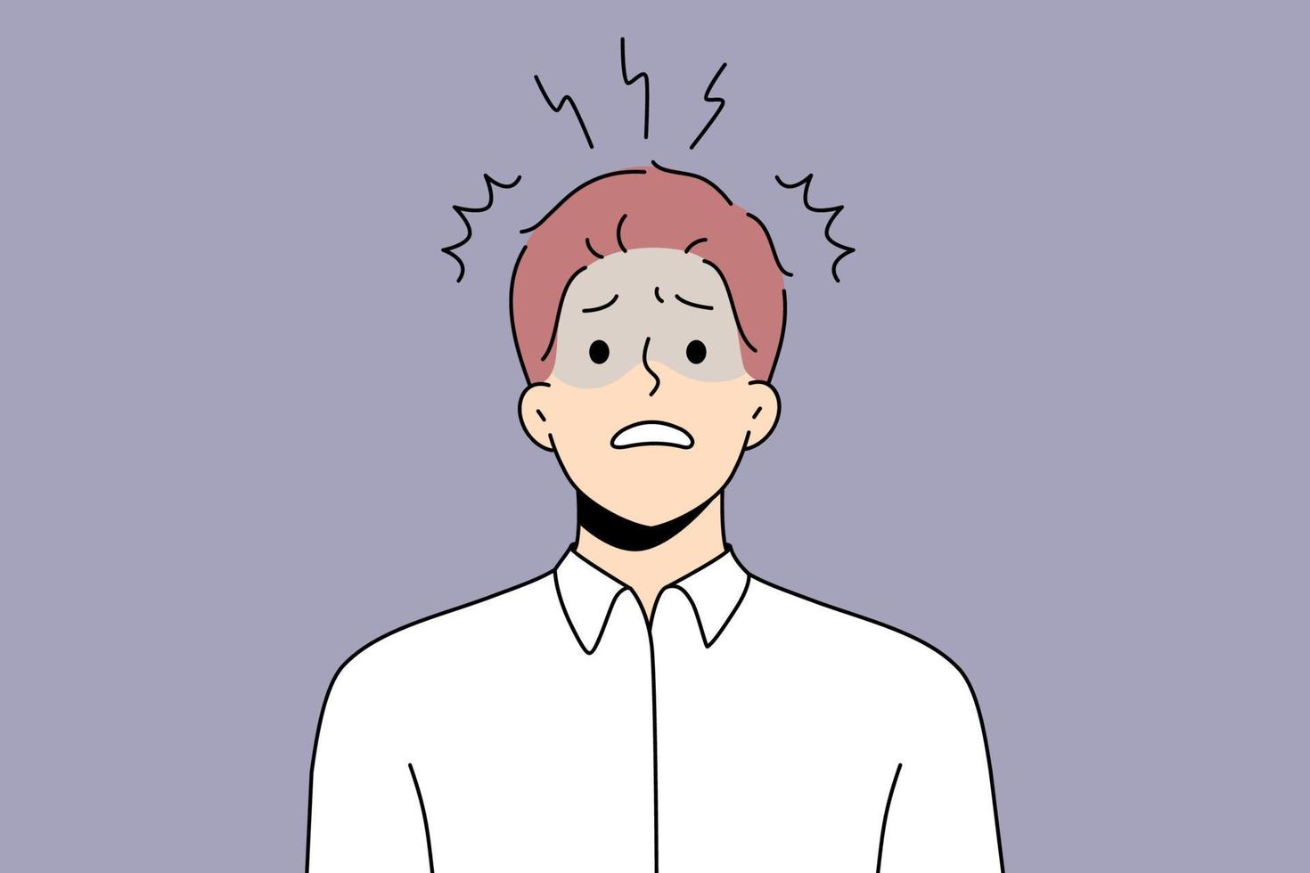 Unhappy male employee or worker feel frustrated and distressed with work problems. Anxious man worker stressed confused with news or ideas. Frustration and stress. Vector illustration.