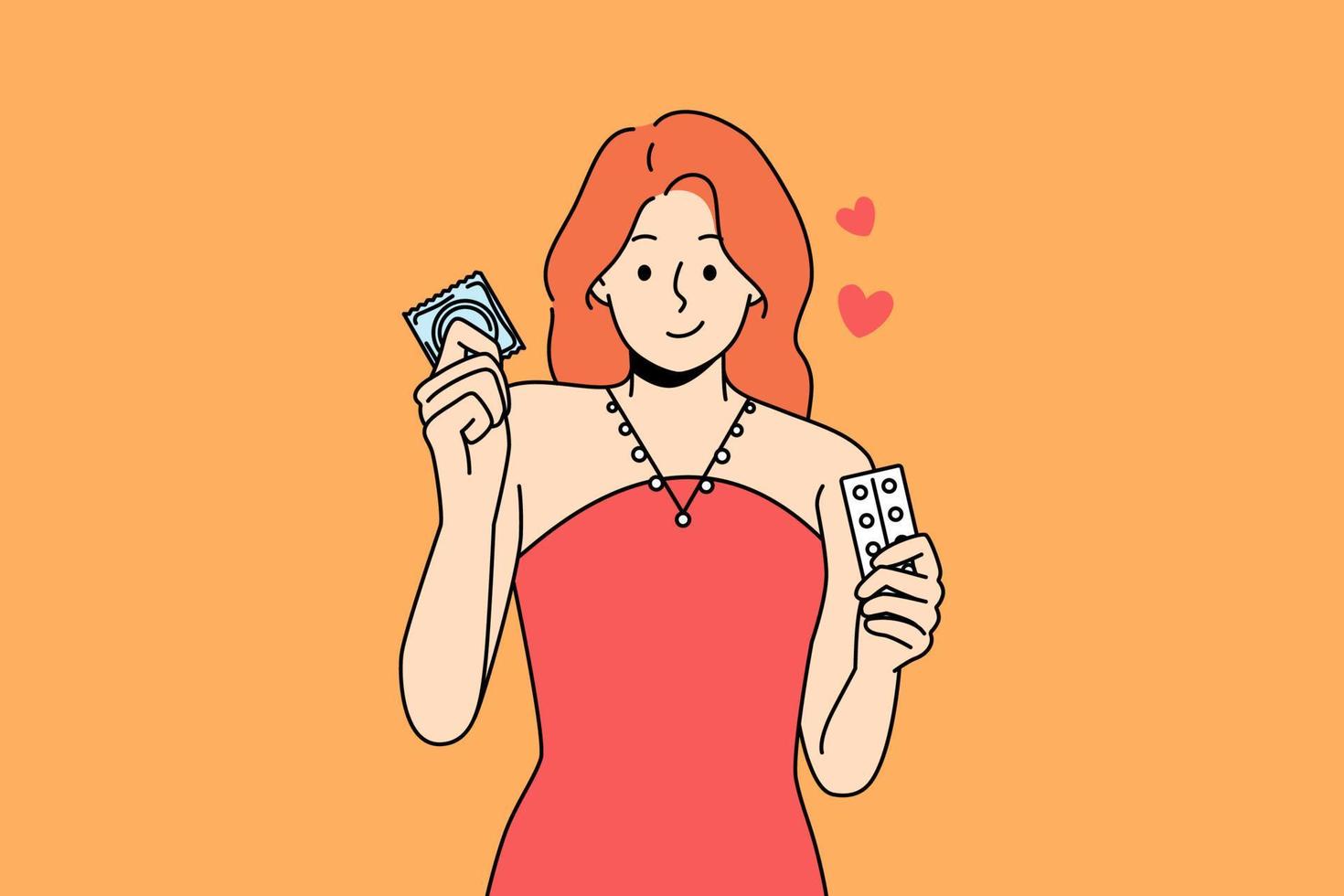 las mujeres jóvenes que sostienen condones y píldoras anticonceptivas usan diferentes medios de protección para el sexo. niña sonriente con métodos anticonceptivos para la prevención de embarazos no planificados. ilustración vectorial vector