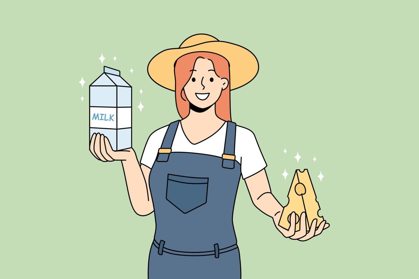 una agricultora sonriente que sostiene queso y leche ofrece productos naturales. la lechera feliz produce productos lácteos orgánicos en la granja. alimentación saludable y nutrición. ilustración vectorial vector