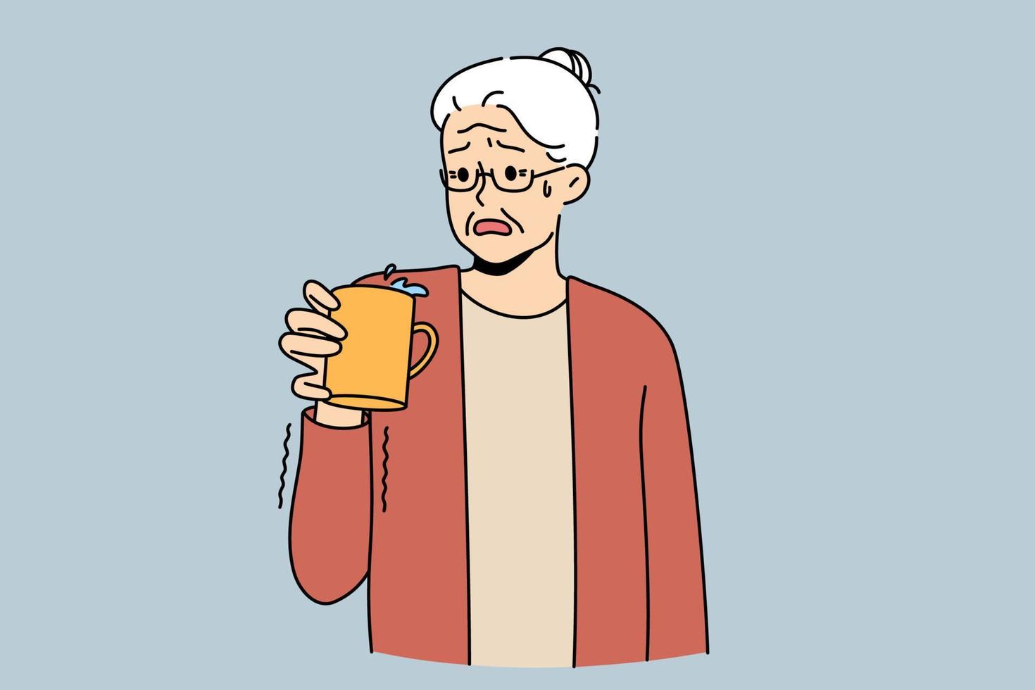 una anciana de pelo gris sostiene una taza y siente temblores en las manos. las mujeres maduras malsanas sufren de la enfermedad de parkinson sintiendo las extremidades temblando. cuidado de la salud de los ancianos. ilustración vectorial vector