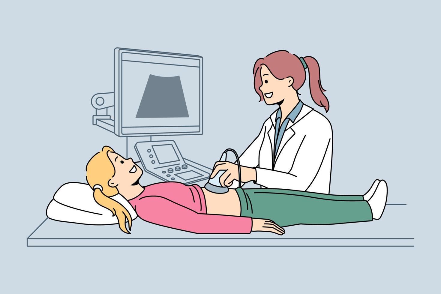 la doctora hace un examen de ultrasonido para una niña pequeña en el hospital. una terapeuta o pediatra realiza un chequeo y realiza un escaneo de órganos a un niño adolescente en la clínica. cuidado de la salud. ilustración vectorial vector