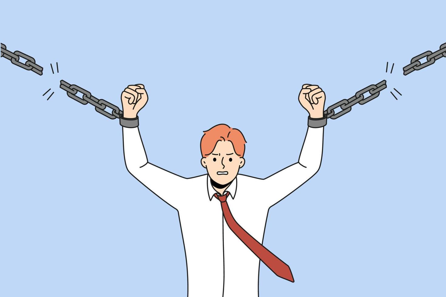 Motivated strong man break chains strive being free and independent. Powerful businessman reach independency and freedom. Self-employment concept. Vector illustration.