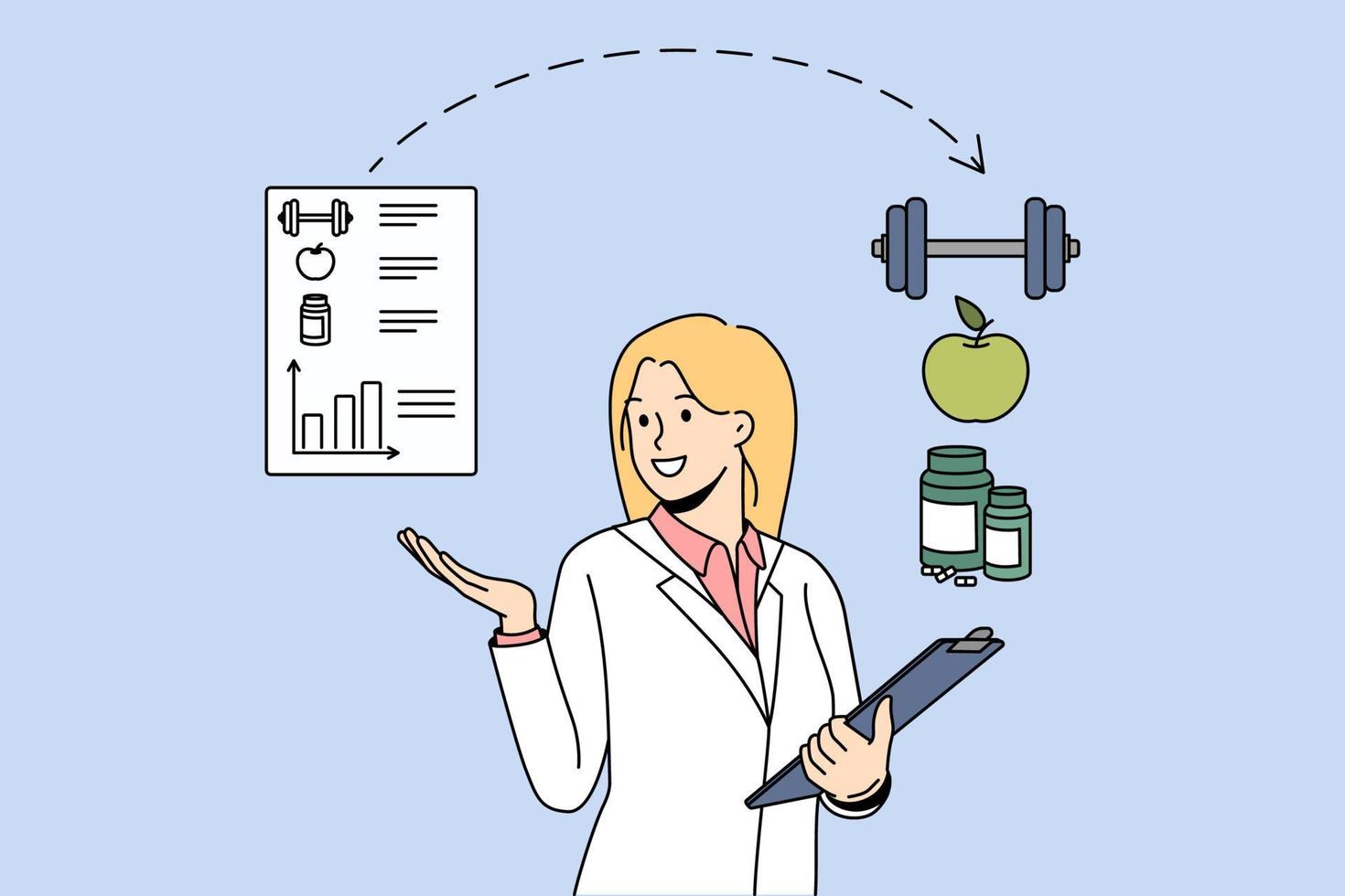 Female nutritionist recommend healthy eating and doing sports for good health and shape. Smiling woman dietician create diet plan for client. Weight loss and wellness. Vector illustration.