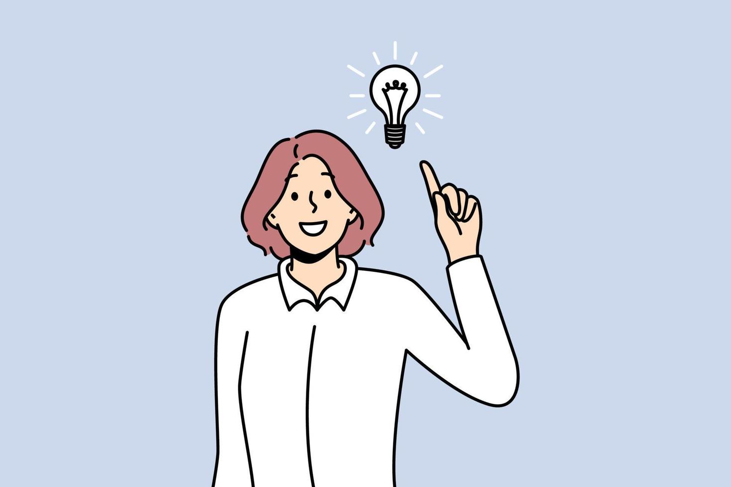 Smiling woman with lightbulb get innovative business idea. Happy businesswoman generate thoughts solve problem. Solution and innovation. Vector illustration.