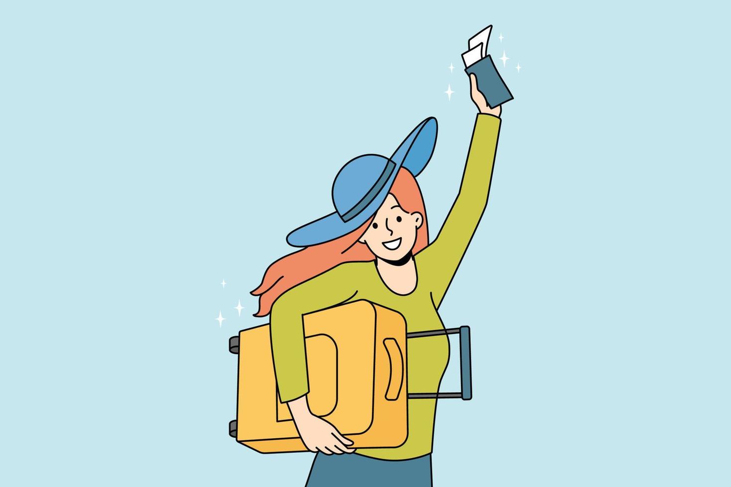 Overjoyed young woman in sun hat hold suitcase and flight ticket excited about travel or trip. Smiling girl ready for summer adventure or vacation. Tourism concept. Vector illustration.