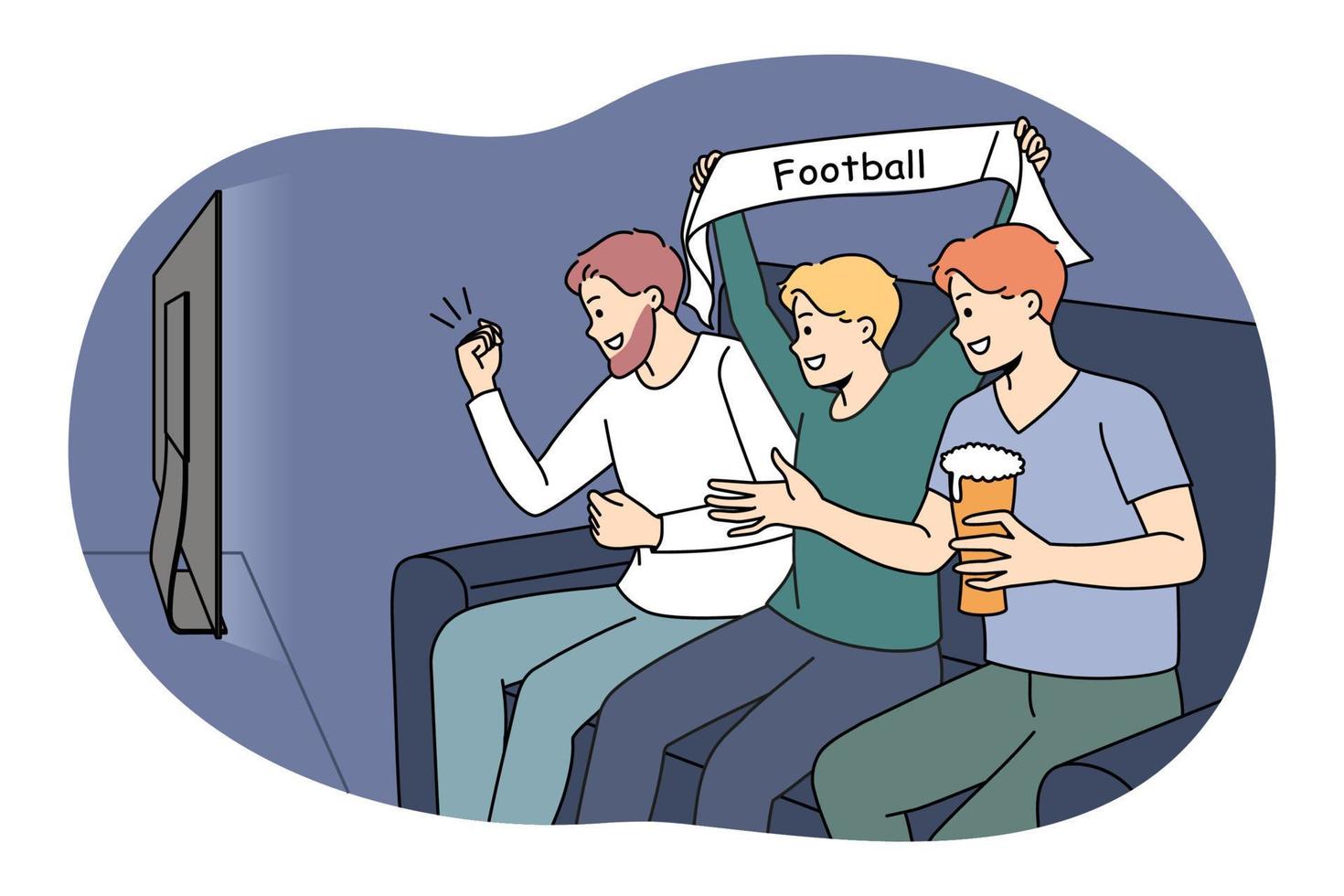 Overjoyed guys sit on coach drinking beer watching football on TV. Happy men enjoy sport game on television. Fan or supporters cheering favorite team. Vector illustration