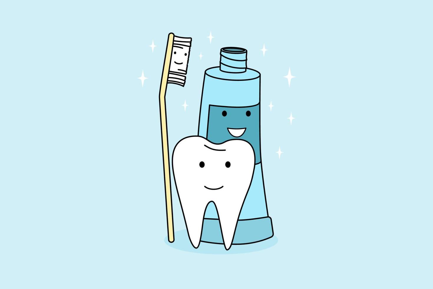 Smiling tooth, toothbrush and toothpaste feeling positive recommend good oral care. Concept of dental treatment and healthcare. Dentistry recommendation. Vector illustration.