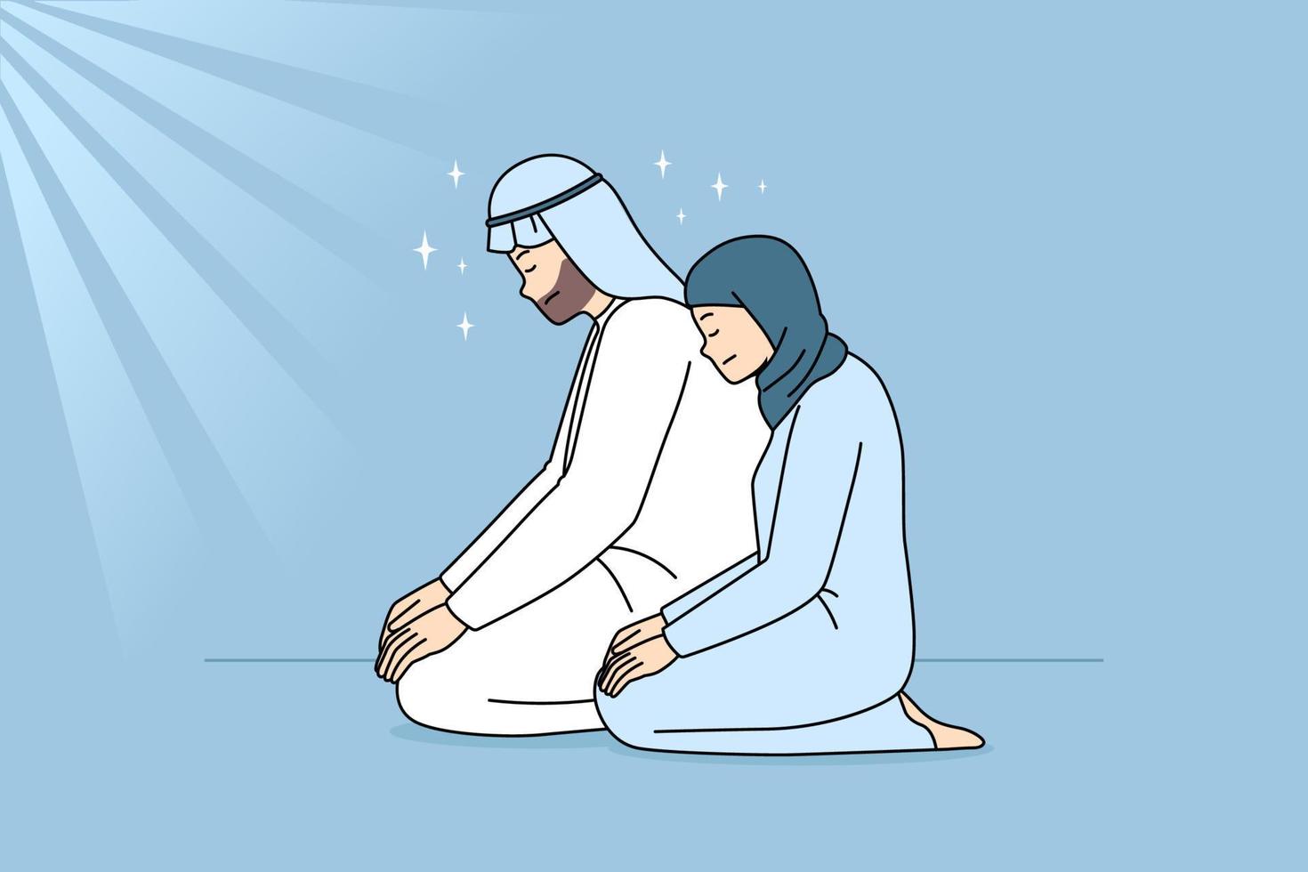 Muslim man and woman in traditional clothes sit on floor praying to Allah. Religious Arabic couple in prayer show gratitude and faith. Religion and culture concept. Vector illustration.