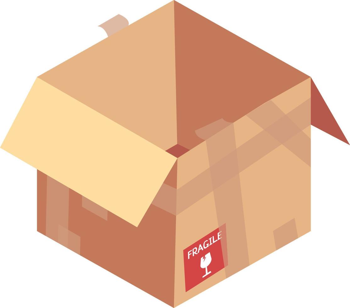 Cartoony Isometric Stylized Open Cardboard Box Parcel with Tape and Fragile Sticker vector