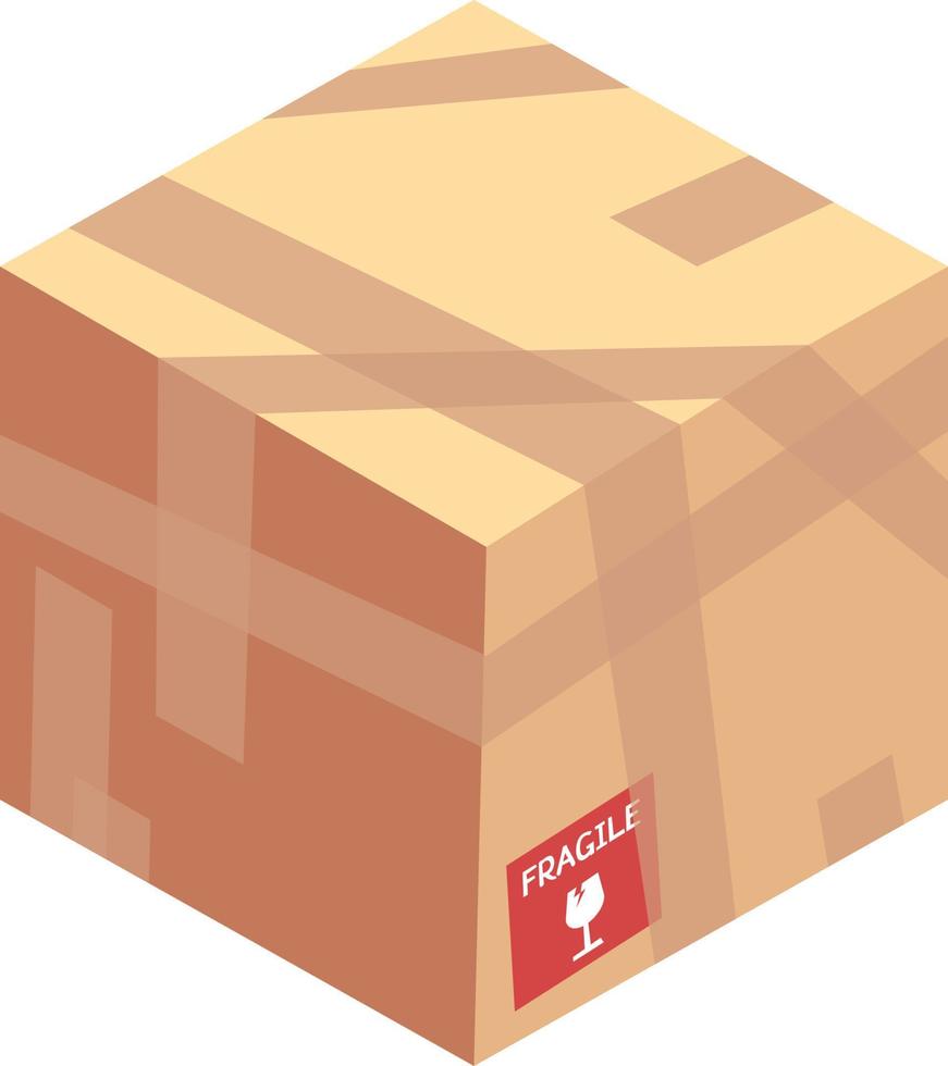 Cartoony Isometric Stylized Cardboard Box Parcel with Tape and Fragile Sticker vector