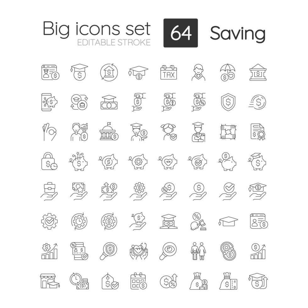 Saving linear icons set. Financial funds. Money management. Smart investment. Customizable thin line symbols. Isolated vector outline illustrations. Editable stroke.