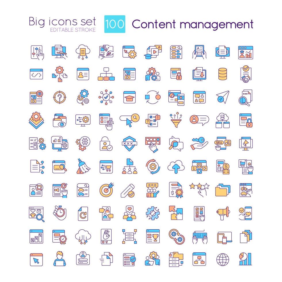 Content management RGB color icons set. Digital experience. Social media. Isolated vector illustrations. Simple filled line drawings collection. Editable stroke.