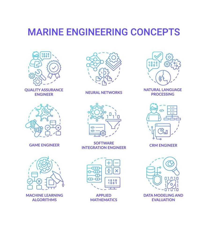 Learning modern professions blue gradient concept icons set. Job search. Professional education idea thin line color illustrations. Isolated symbols. vector