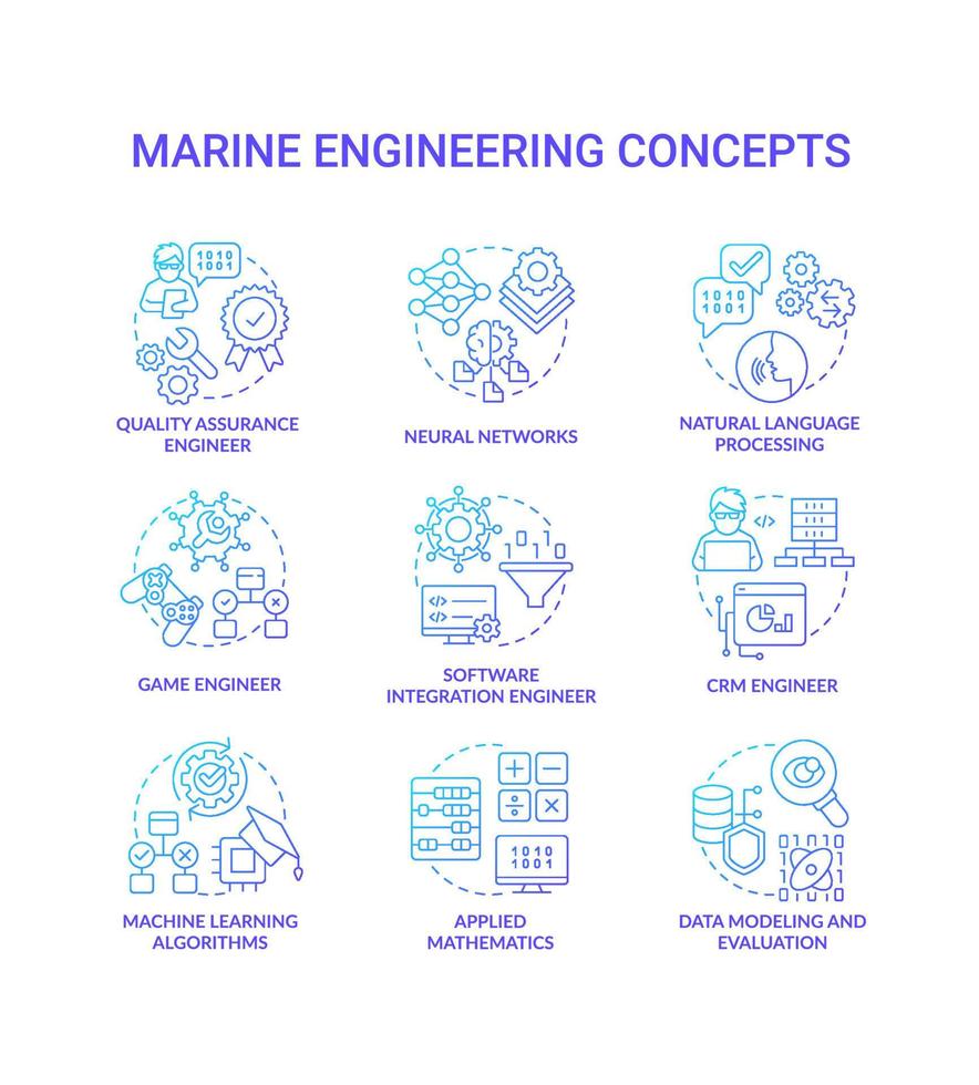 conjunto de iconos de concepto de gradiente azul de aprendizaje de profesiones modernas. búsqueda de trabajo. ideas de educación profesional ilustraciones en color de línea delgada. símbolos aislados. vector