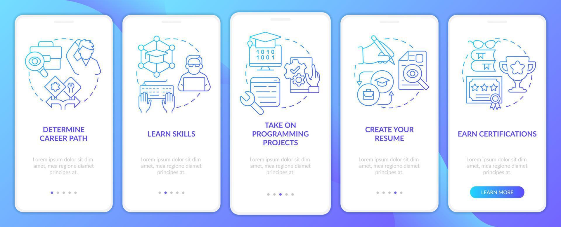 Steps to become software engineer blue gradient onboarding mobile app screen. Walkthrough 5 steps graphic instructions with linear concepts. UI, UX, GUI template. vector