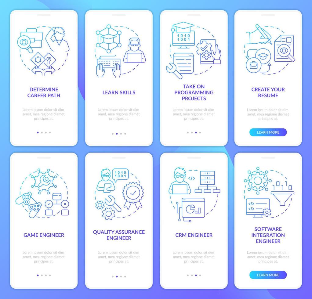 Software developer profession blue gradient onboarding mobile app screen set. Walkthrough 5 steps graphic instructions with linear concepts. UI, UX, GUI template. vector