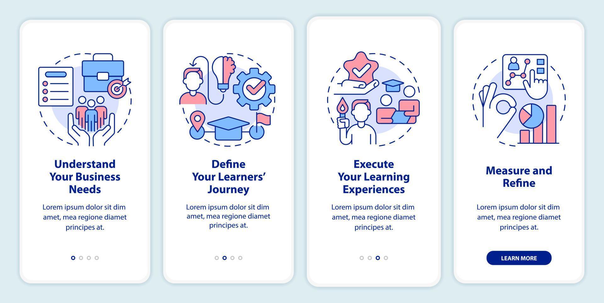 Creating leaders onboarding mobile app screen. Business needs walkthrough 4 steps editable graphic instructions with linear concepts. UI, UX, GUI template. vector