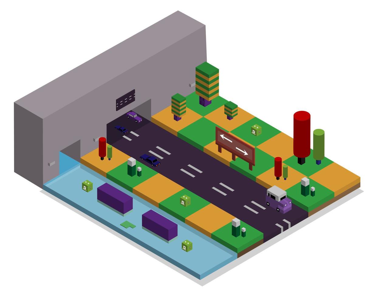 ciudad isométrica con garaje con marcas viales vector