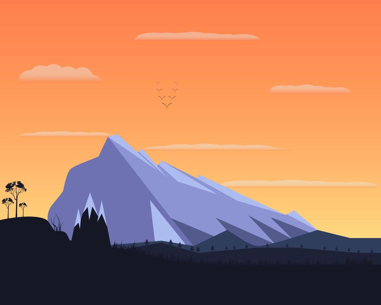 paisaje montañoso plano contra el fondo de nubes y pájaros vector