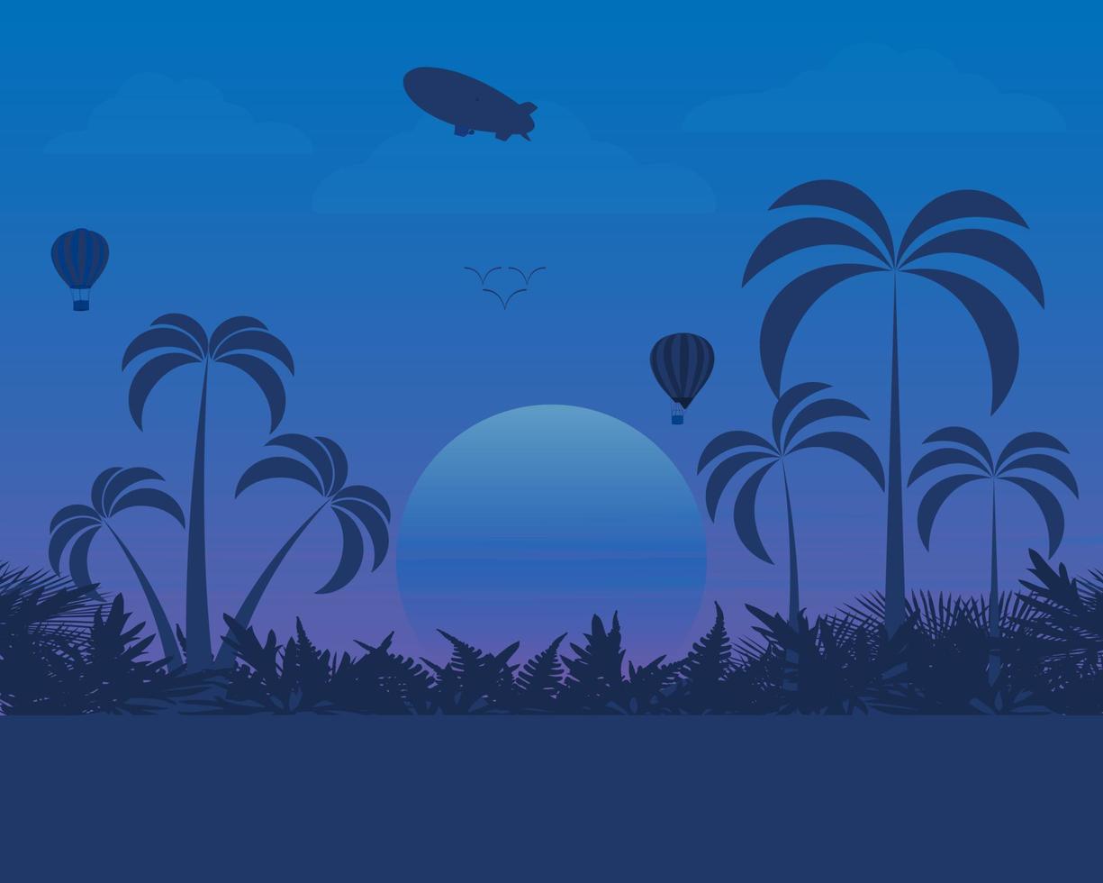 diseño paisajístico de la naturaleza por la noche con un zepelín volando globos vector