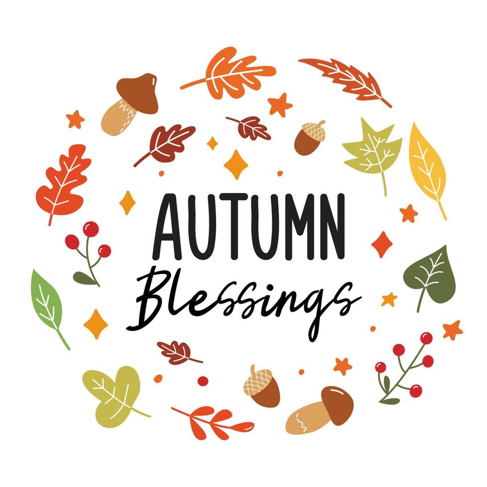 Autumn Blessings sign with leaves. Vector Autumn Thanksgiving quote on white background.