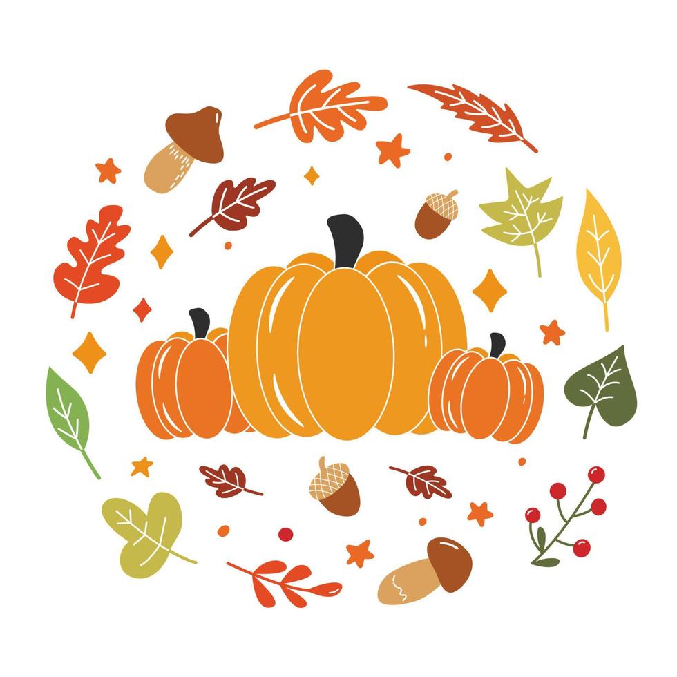 Cute pumpkins illustration with fall elements. Vector Autumn Thanksgiving quote on white background.