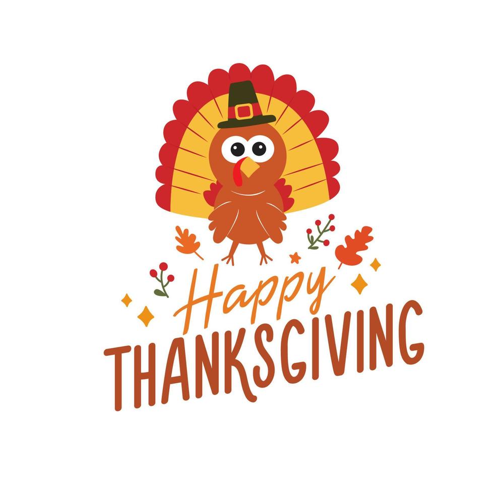 Happy Thanksgiving illustration with turkey. Vector Autumn quote on white background.
