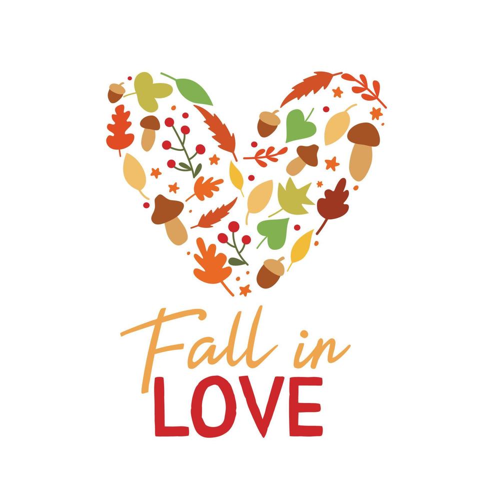 Fall in Love sign with autumn elements. Vector Thanksgiving quote on white background.