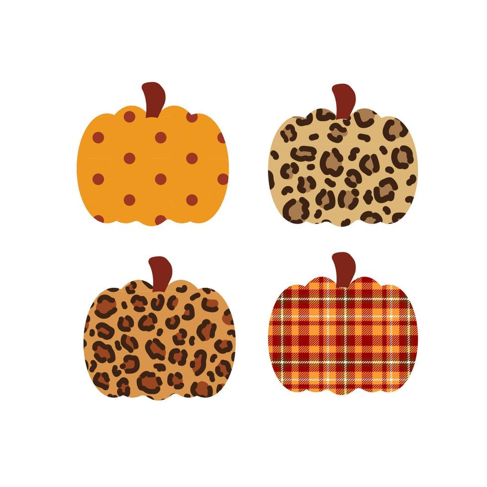 Set of vector pumpkins. Leopard, polka dot and Buffalo plaid print. Fall Autumn graphic elements.