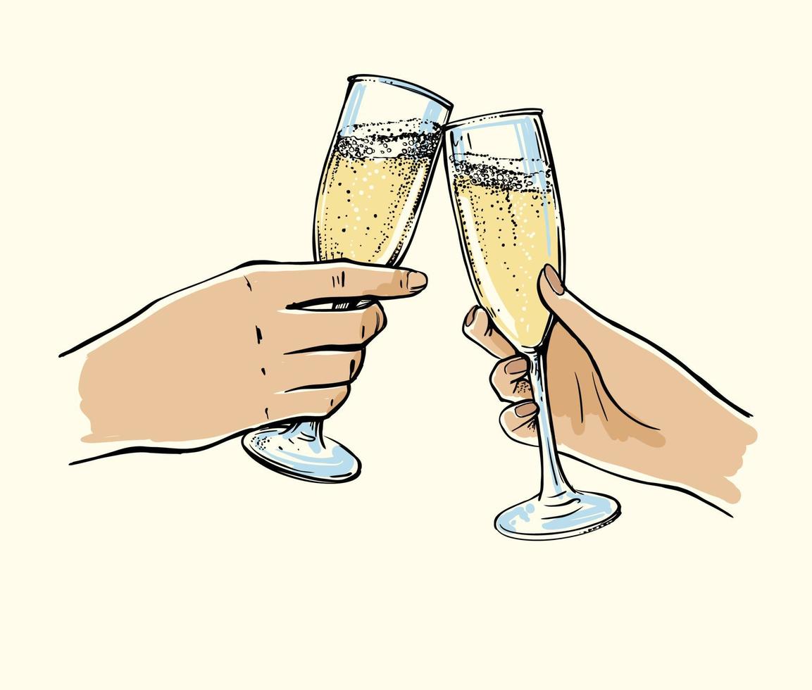 Man and woman hands with glasses of shampagne. vector