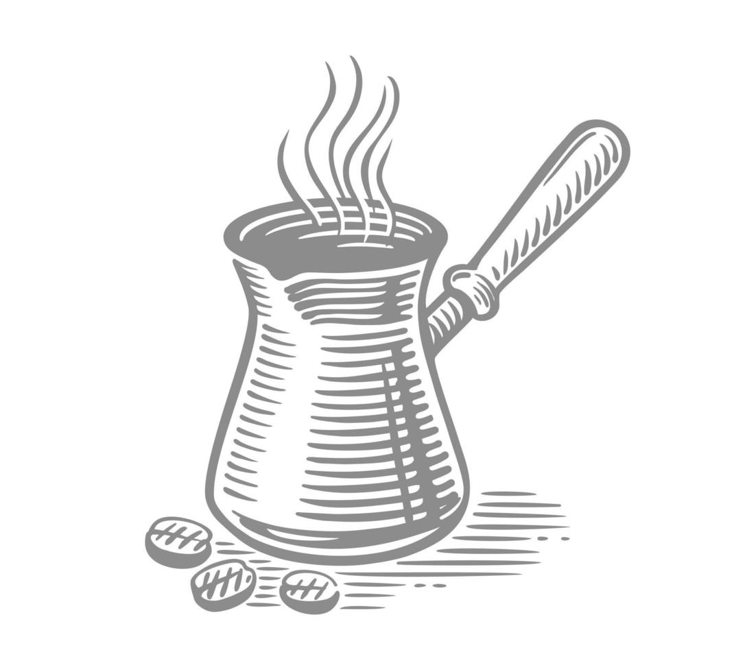 Cezve Hand drawn with coffee beans sketch. Turkish coffee maker vector