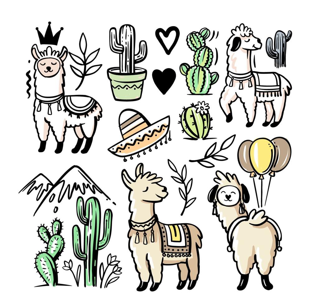 Llama and alpaca collection of cute hand drawn illustrations. vector