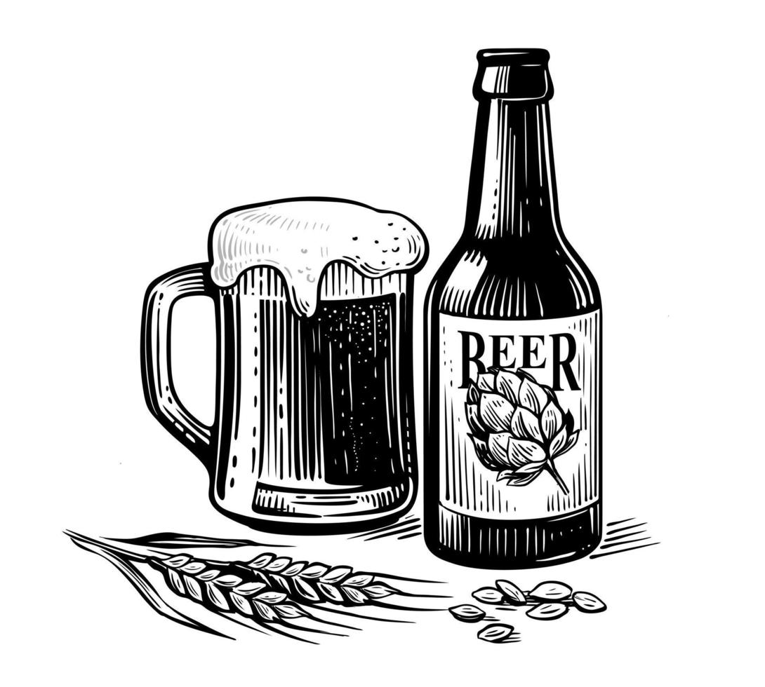 Jarra de cerveza con dibujo vectorial de botella. lúpulo y trigo vector