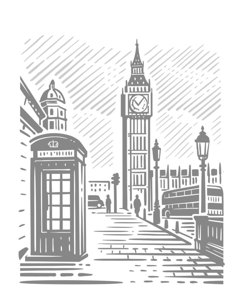 London city with Big Ben. Hand drawn line sketch European old town. vector