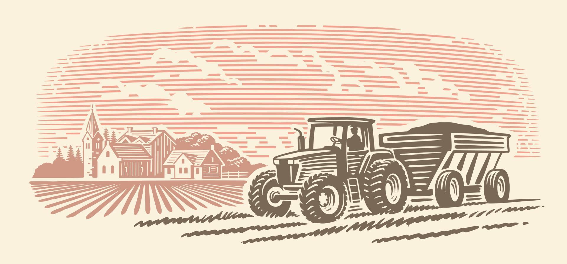 Tractor carries grain. Rural landscape. Autumn harvest vector