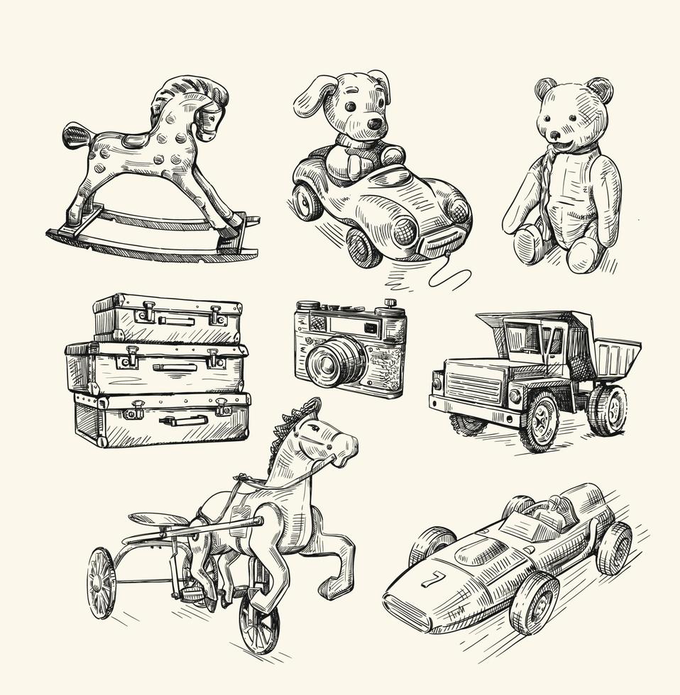 colección original dibujada a mano de juguetes antiguos. vector