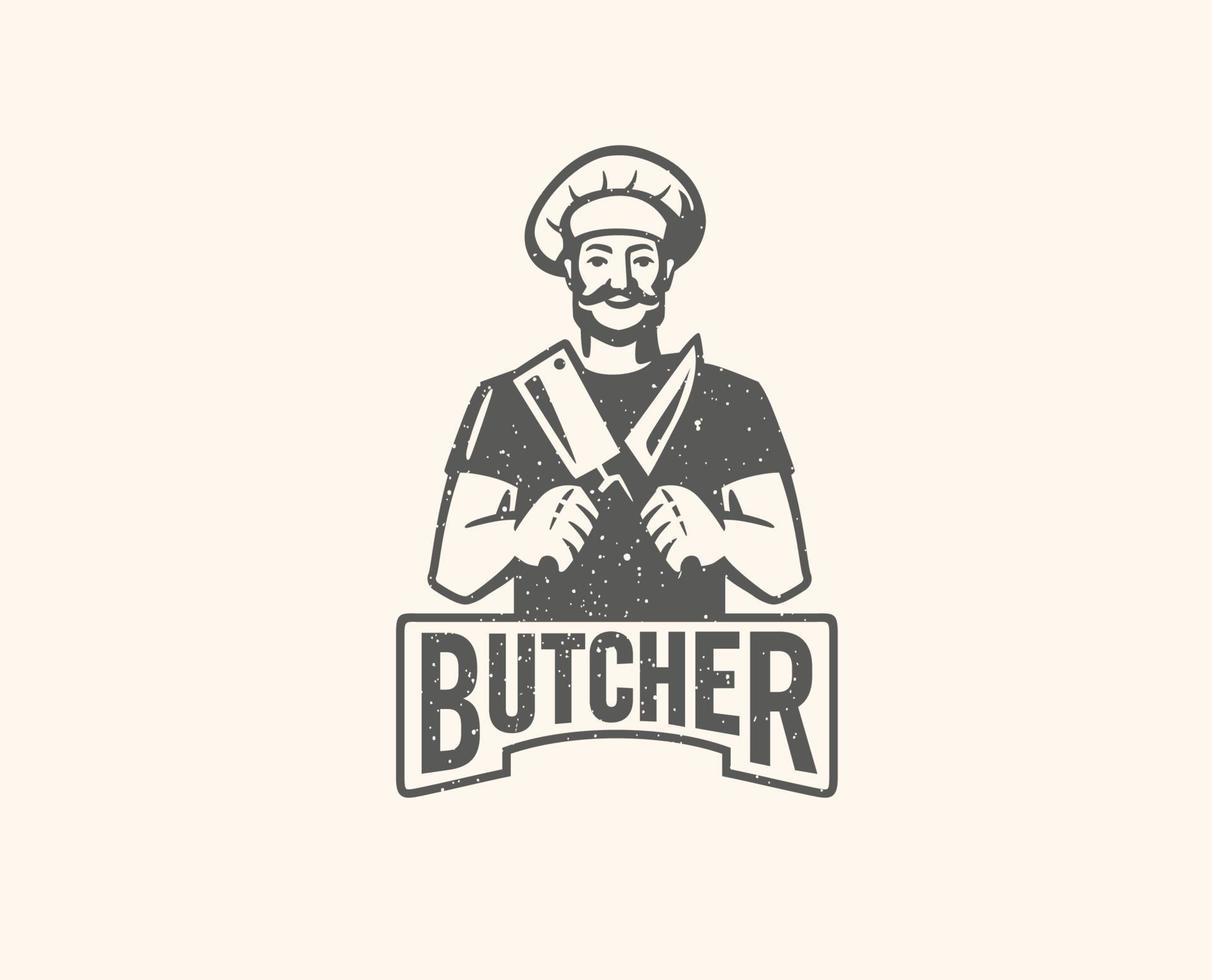 Butcher with beard and large knife. vector