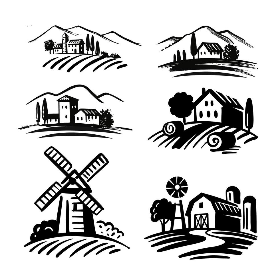 Agriculture landscape farm emblems. Retro rural building in field vector